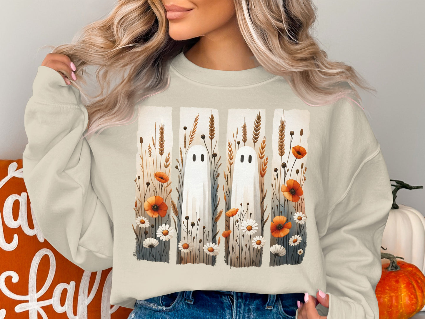 Ghosts in Poppy Field Cozy Halloween Sweatshirt product type