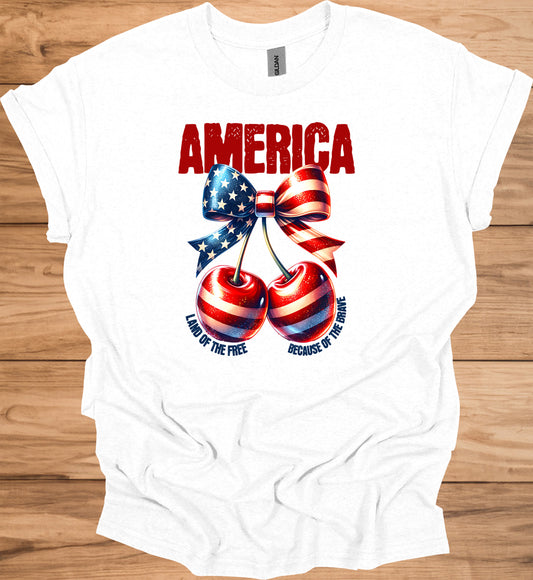 Patriotic Tee with Cherry Design | USA Independence Day Shirt, American Pride T-Shirt, Summer BBQ Top, 4th of July Apparel