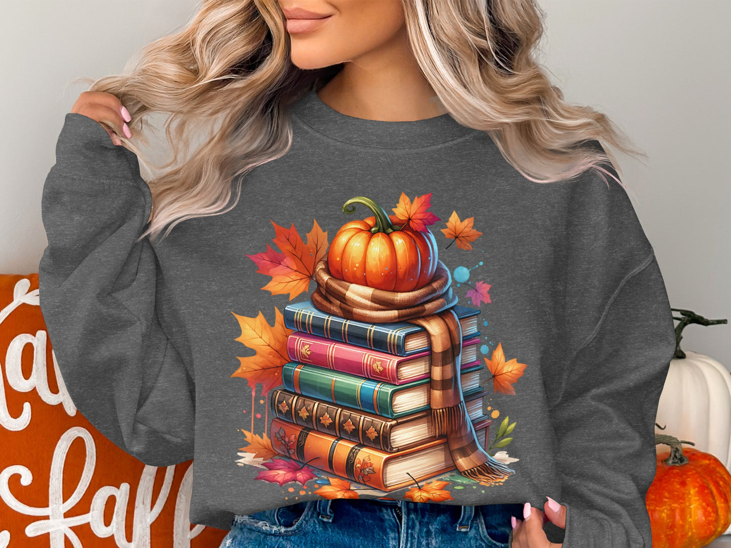 Cozy Autumn Pumpkin and Books Graphic Sweatshirt product