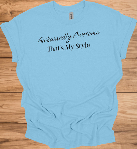 Awkwardly Awesome: Metallic Cursive Typography, Motivational Quote Art, Black Background Design - Graphic Tee Shirt