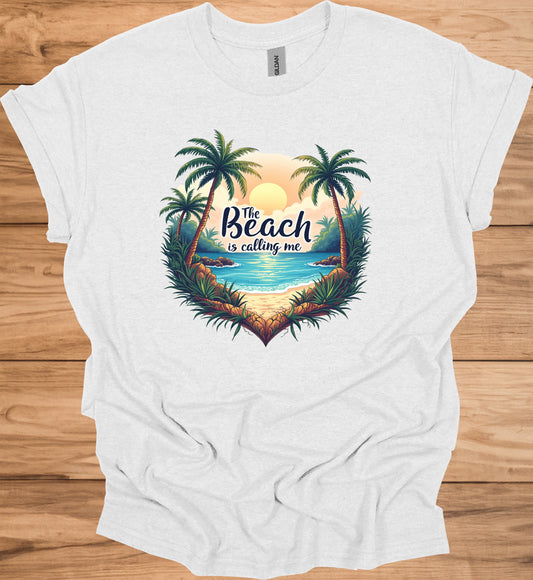 The Beach Is Calling: Beach Sunset Illustration, Heart-Shaped Palm Tree Frame, Wanderlust Inspiration Artwork - Graphic Tee Shirt