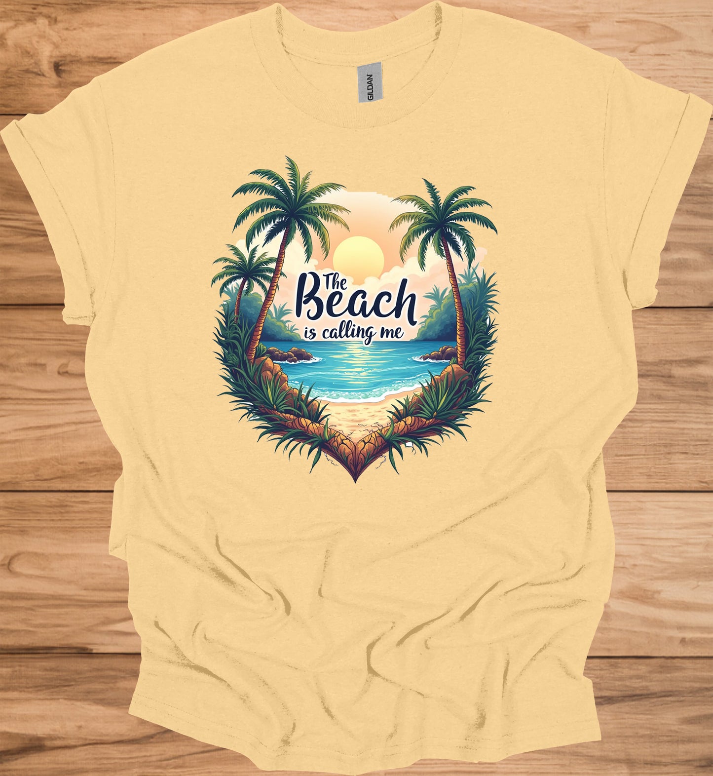 The Beach Is Calling: Beach Sunset Illustration, Heart-Shaped Palm Tree Frame, Wanderlust Inspiration Artwork - Graphic Tee Shirt