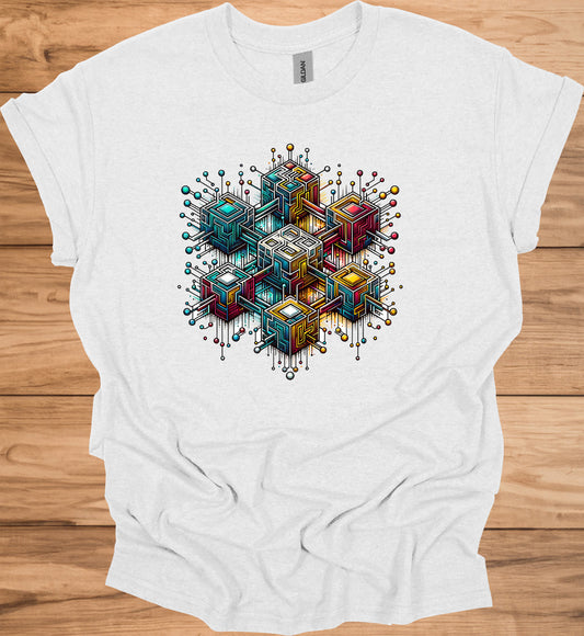Nexus Cube: Block Chain, Digital Geometric Art, Futuristic Cityscape, Cyberpunk Technology - Graphic Tee Shirt