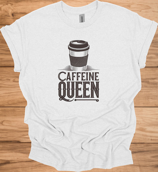 Caffeine Queen Logo: Vintage-Inspired Coffee Branding, Monochromatic Brown Design, Modern Coffee Shop Identity - Graphic Tee Shirt