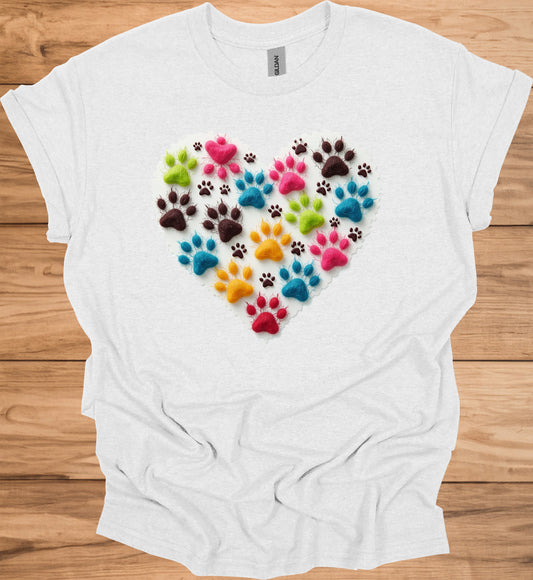 Pawsitive Love: Colorful Pet Paw Prints, Heart-Shaped Animal Art, Vibrant Fuzzy Texture - Graphic Tee Shirt
