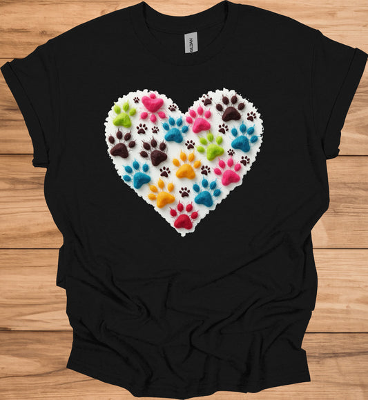 Pawsitive Love: Colorful Pet Paw Prints, Heart-Shaped Animal Art, Vibrant Fuzzy Texture - Graphic Tee Shirt