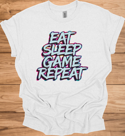 Gamer's Mantra: Eat Sleep Game Repeat, Graffiti-Style Typography, Vibrant 3D Design, Gaming Lifestyle Artwork - Graphic Tee Shirt