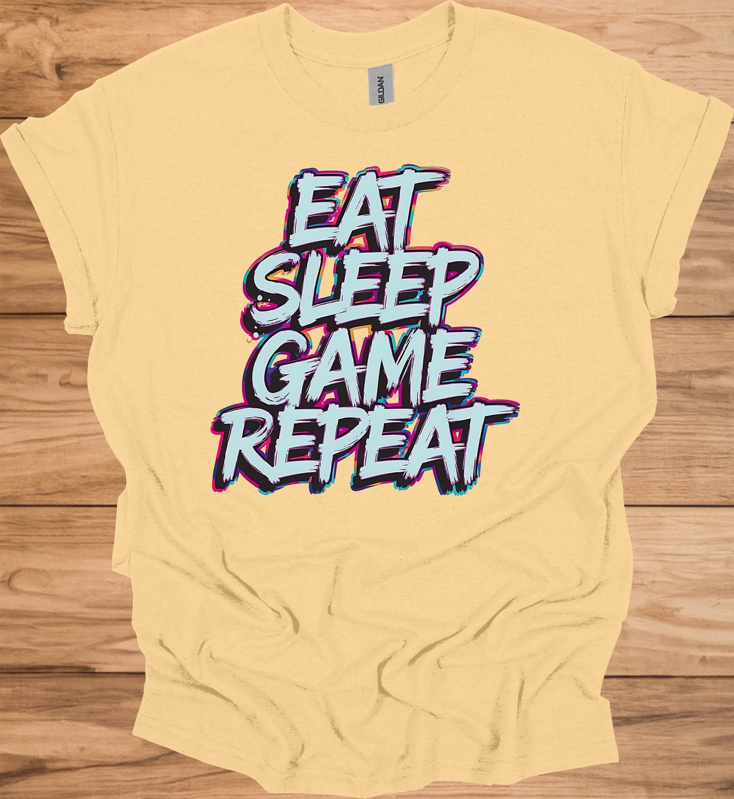 Gamer's Mantra: Eat Sleep Game Repeat, Graffiti-Style Typography, Vibrant 3D Design, Gaming Lifestyle Artwork - Graphic Tee Shirt