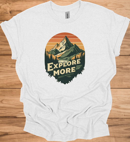 Mountain Adventure Calls: Vintage Outdoor Illustration, Retro Sunset Landscape, Explore Nature Poster - Graphic Tee Shirt