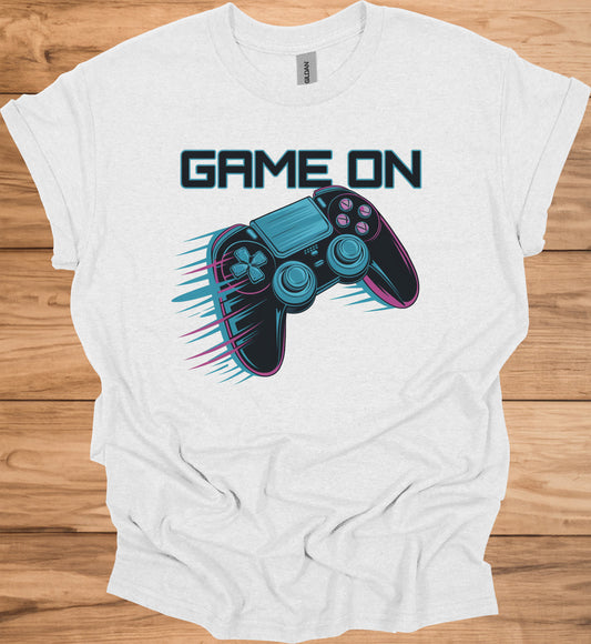 Neon Gaming Controller: Game On Graphic, Retro-Futuristic Design, Vibrant Esports Illustration - Graphic Tee Shirt
