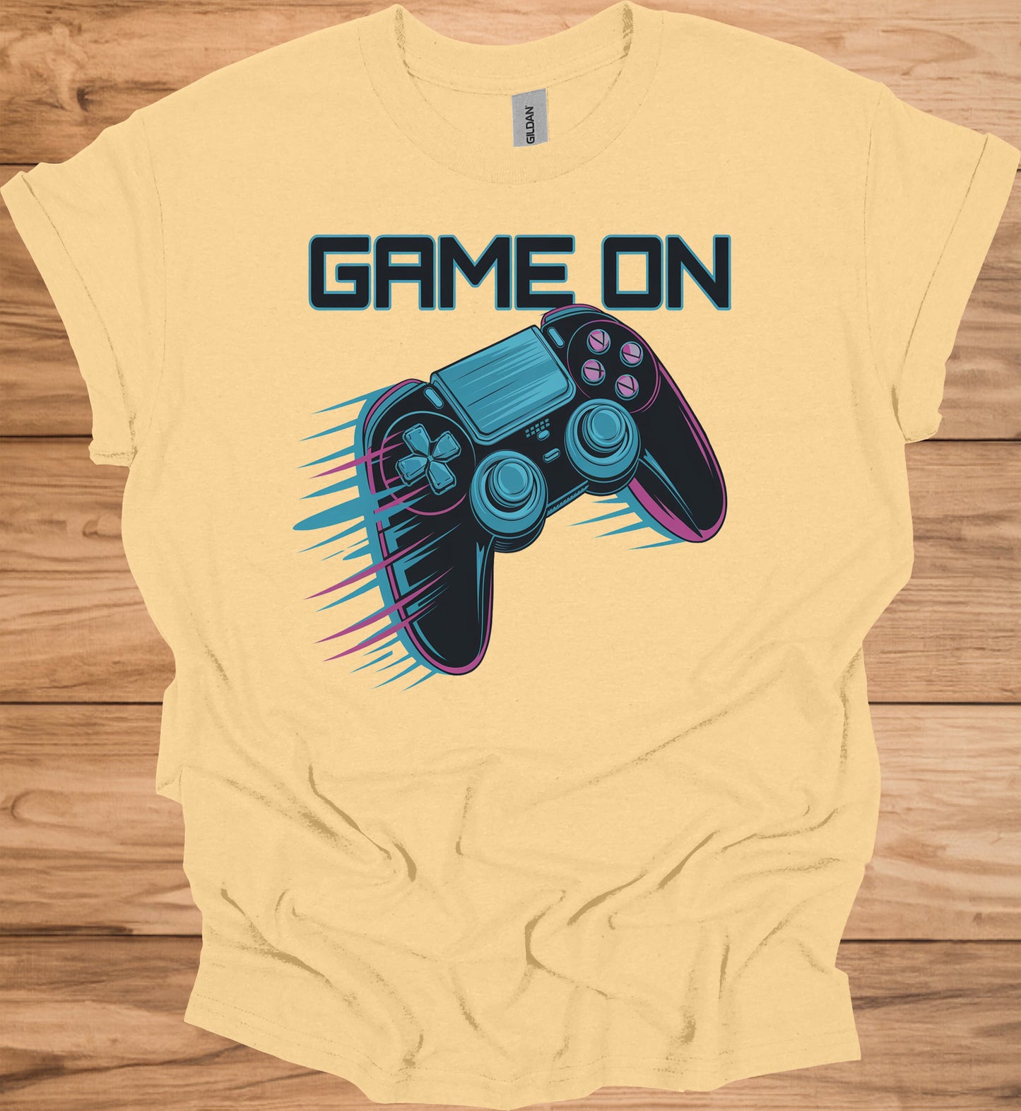 Neon Gaming Controller: Game On Graphic, Retro-Futuristic Design, Vibrant Esports Illustration - Graphic Tee Shirt