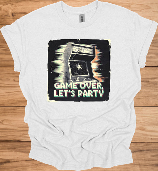 Game Over Glitch: Retro Arcade Cabinet, Pixelated Party Invitation, Nostalgic Digital Art - Graphic Tee Shirt