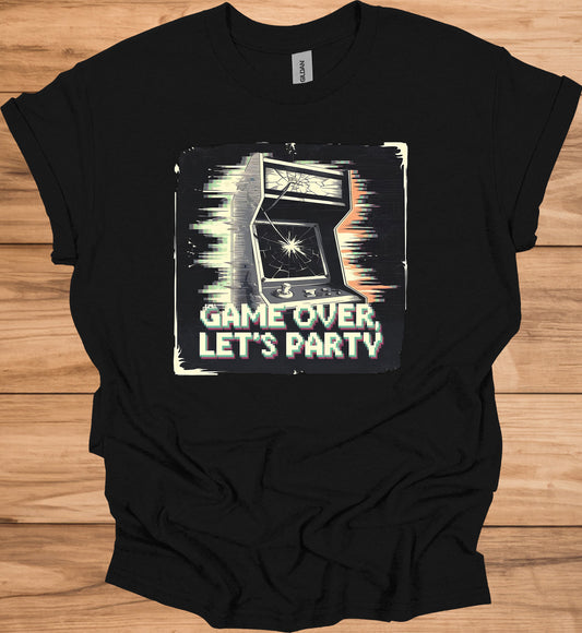 Game Over Glitch: Retro Arcade Cabinet, Pixelated Party Invitation, Nostalgic Digital Art - Graphic Tee Shirt