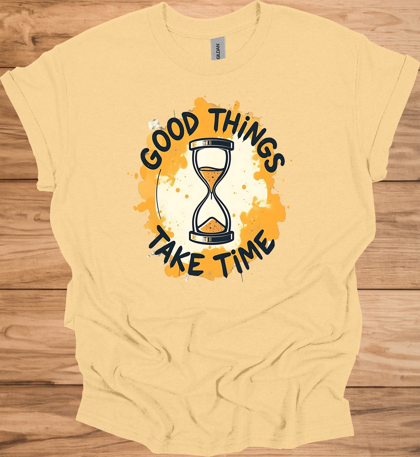 Patience Pays: Motivational Hourglass Art, Orange and Black Graffiti Style, Time Management Inspiration - Graphic Tee Shirt