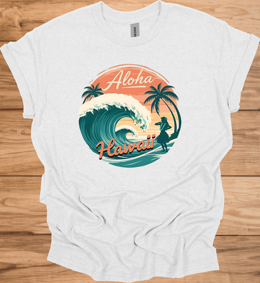 Aloha Paradise: Vintage Hawaiian Illustration, Tropical Beach Sunset, Retro Travel Poster Art - Graphic Tee Shirt