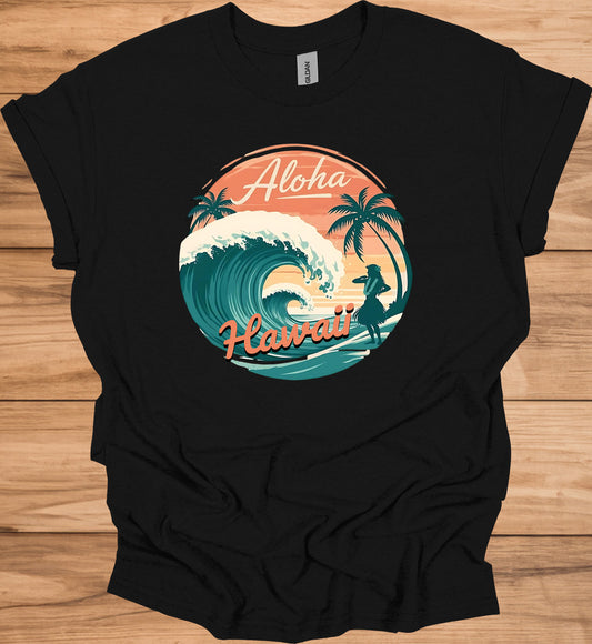 Aloha Paradise: Vintage Hawaiian Illustration, Tropical Beach Sunset, Retro Travel Poster Art - Graphic Tee Shirt