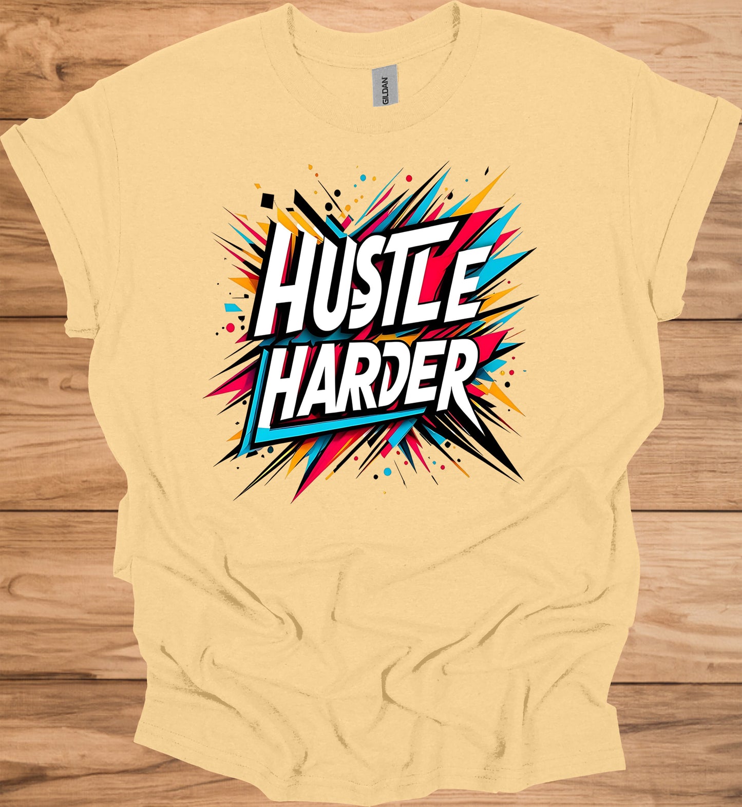 Hustle Harder: Motivational Typography Art, Vibrant Geometric Design, High-Energy Inspirational Poster - Graphic Tee Shirt