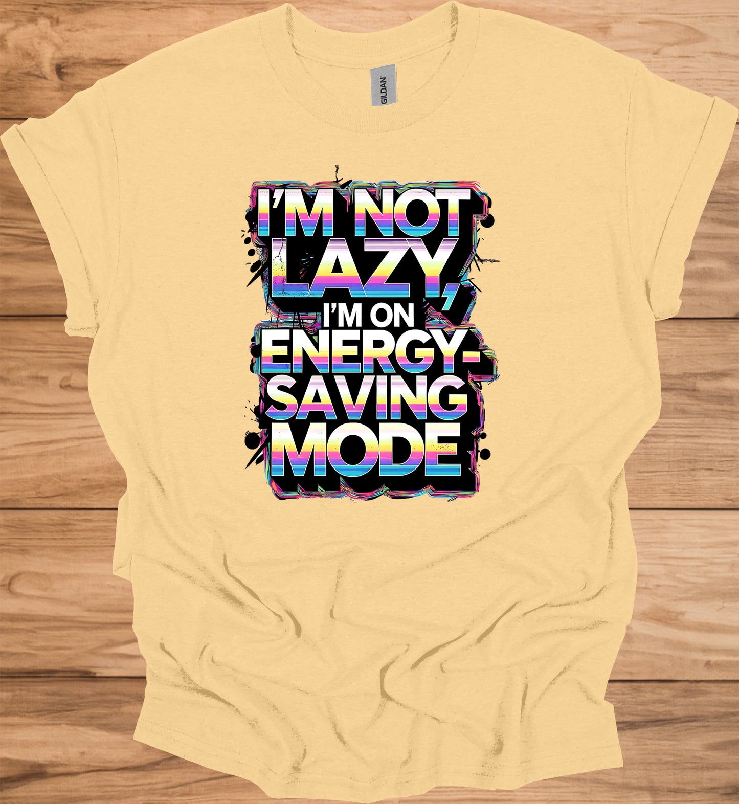 Energy-Saving Mode: Humorous Typography Art, Retro 80s Style Graphic, Rainbow Gradient Text Design - Graphic Tee Shirt