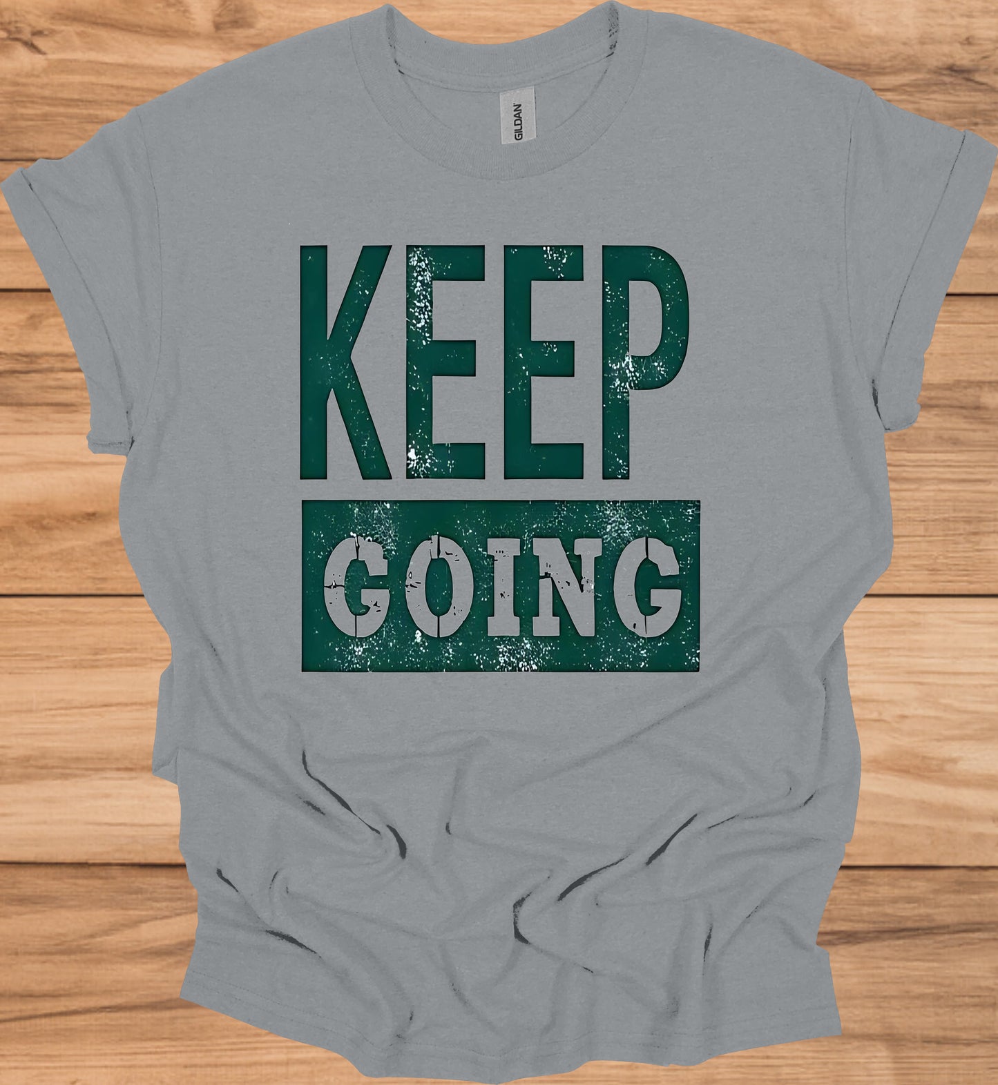 Keep Going: Motivational Typography, Vintage Distressed Design, Teal on Black Contrast - Graphic Tee Shirt