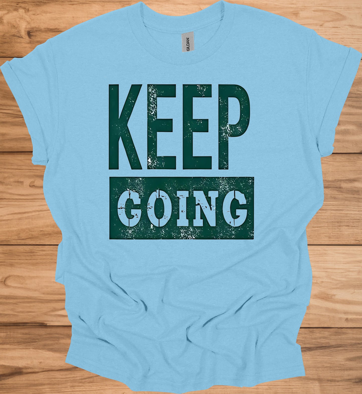 Keep Going: Motivational Typography, Vintage Distressed Design, Teal on Black Contrast - Graphic Tee Shirt