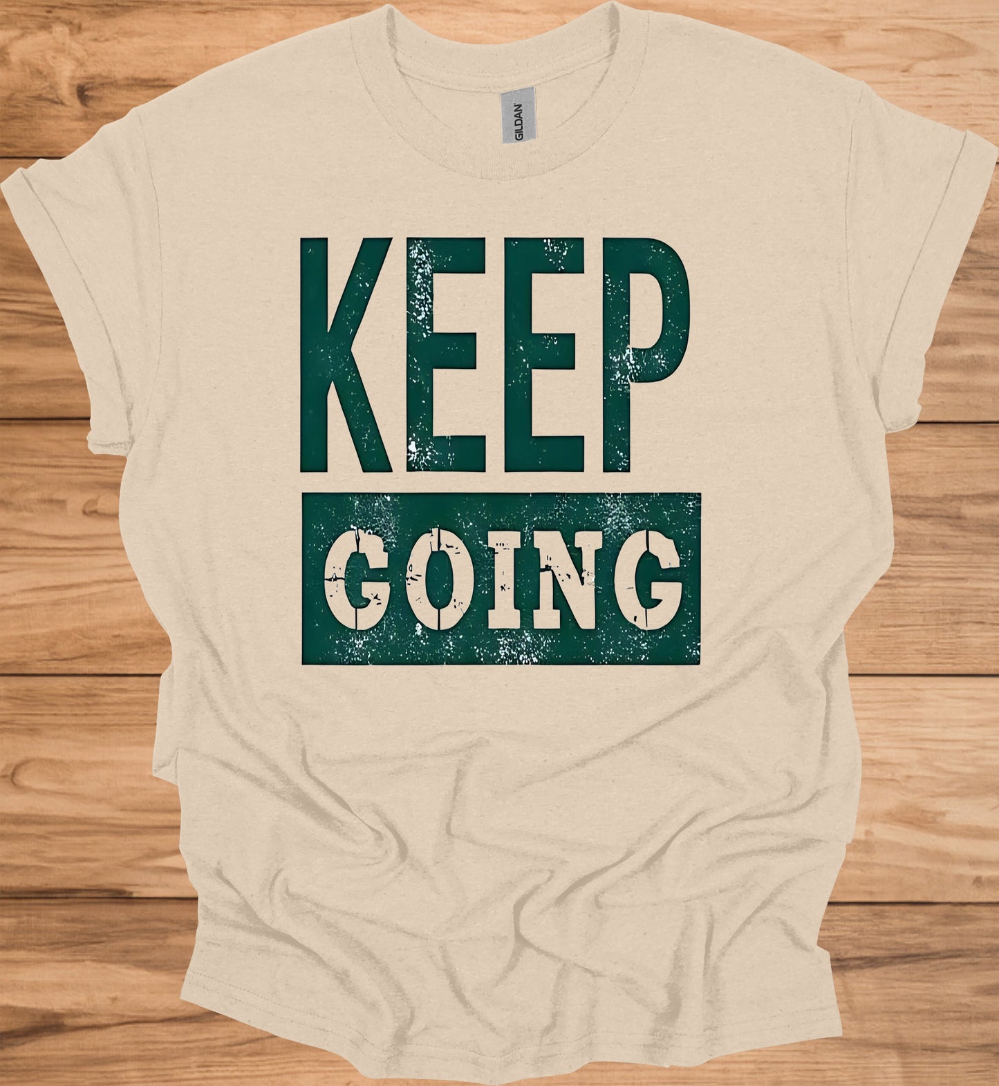 Keep Going: Motivational Typography, Vintage Distressed Design, Teal on Black Contrast - Graphic Tee Shirt