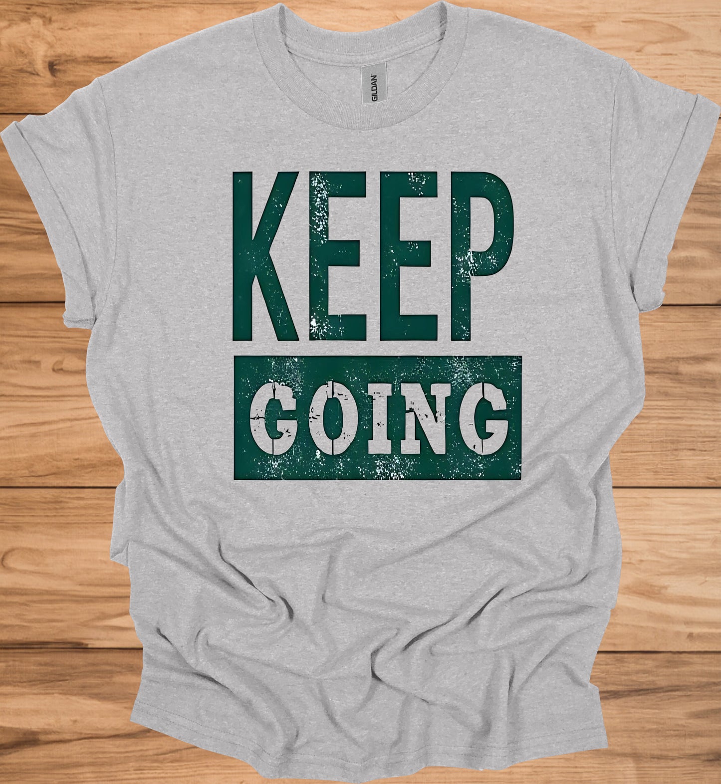 Keep Going: Motivational Typography, Vintage Distressed Design, Teal on Black Contrast - Graphic Tee Shirt
