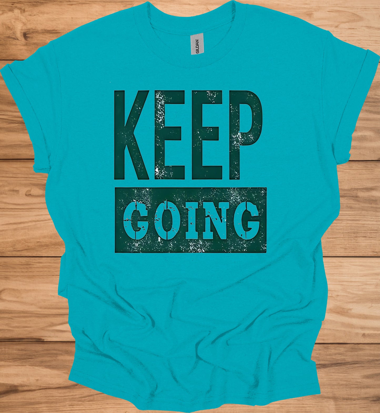 Keep Going: Motivational Typography, Vintage Distressed Design, Teal on Black Contrast - Graphic Tee Shirt