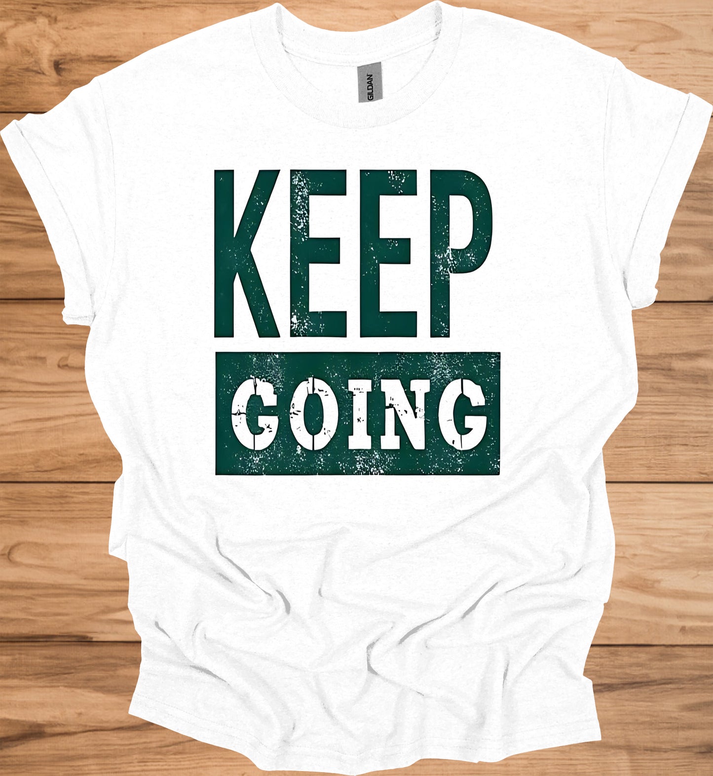 Keep Going: Motivational Typography, Vintage Distressed Design, Teal on Black Contrast - Graphic Tee Shirt