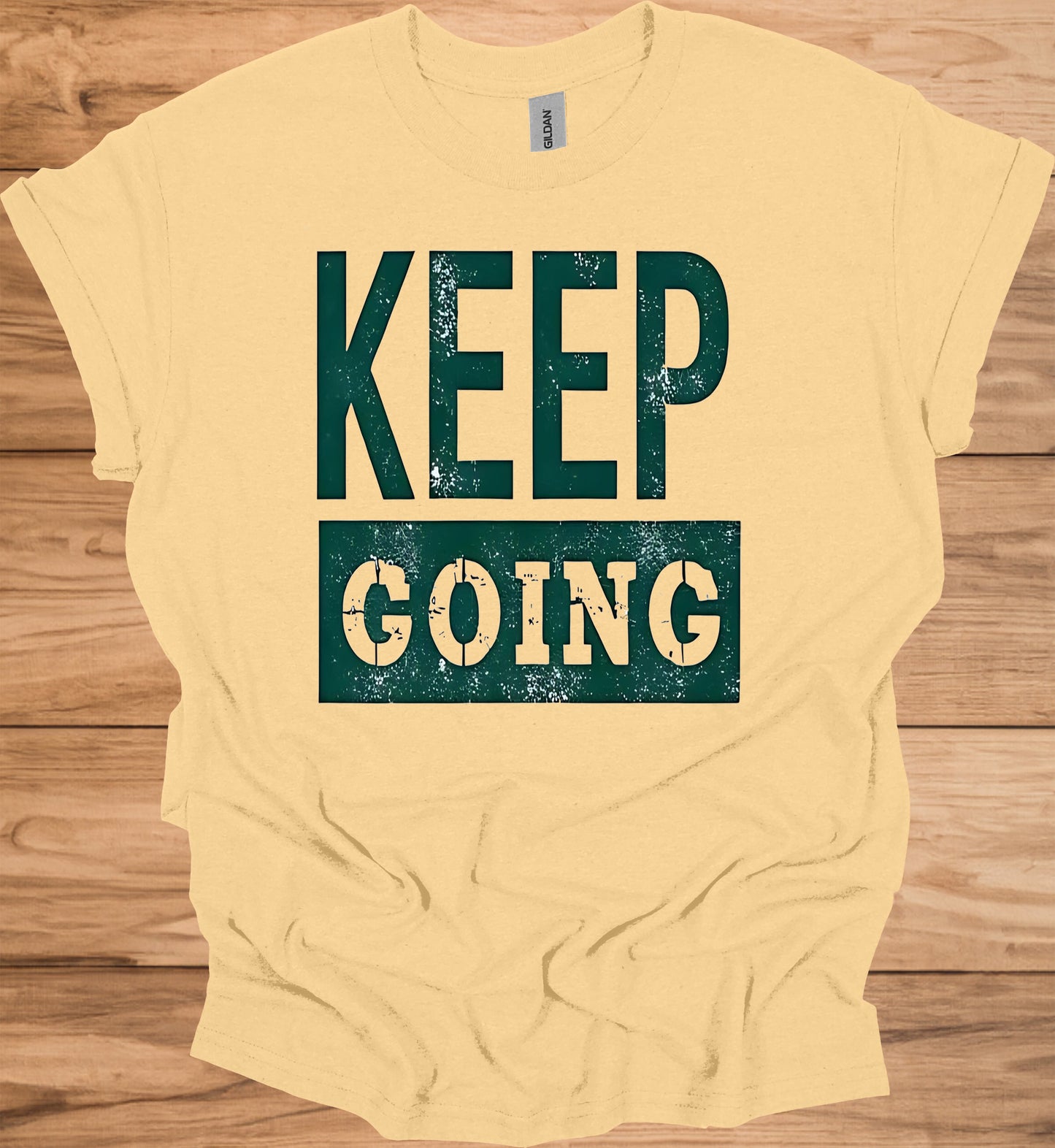 Keep Going: Motivational Typography, Vintage Distressed Design, Teal on Black Contrast - Graphic Tee Shirt
