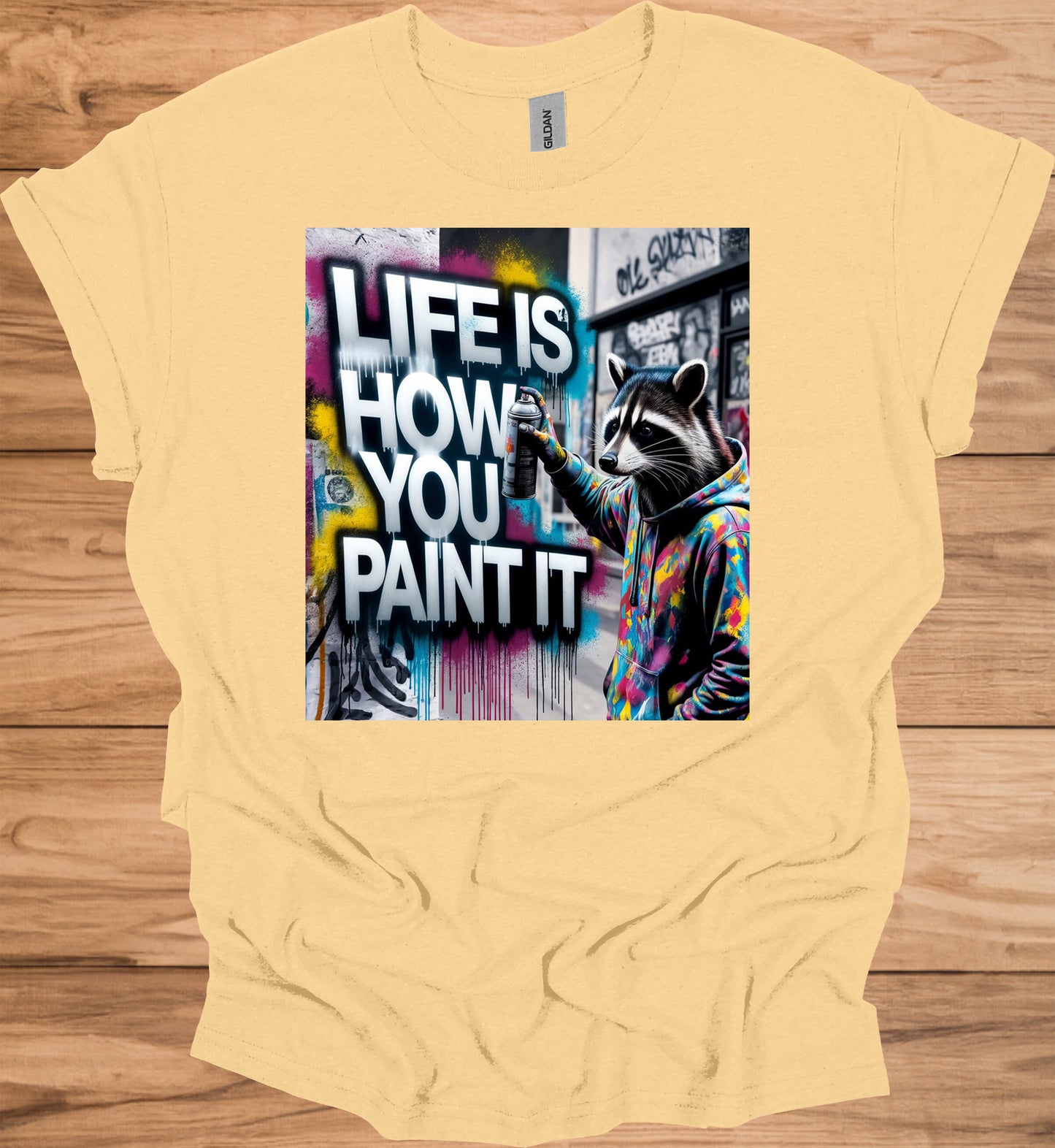 Urban Canvas: Raccoon Street Artist, Colorful Graffiti Mural, Inspirational Street Art - Graphic Tee Shirt