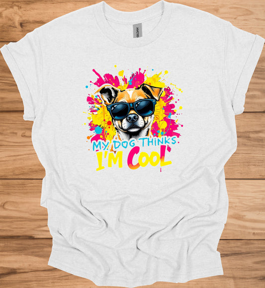 Cool Canine Companion: Stylized Dog with Sunglasses, Vibrant Pop Art Background, Playful Pet Portrait - Graphic Tee Shirt