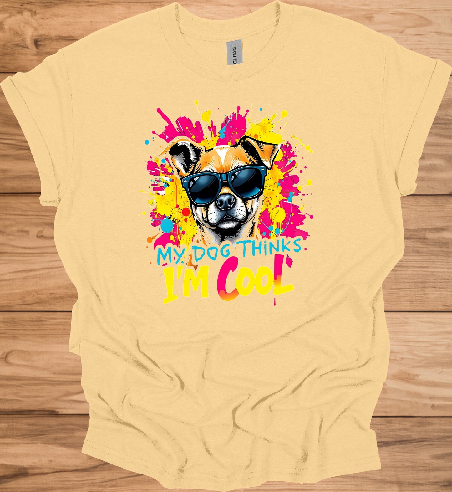 Cool Canine Companion: Stylized Dog with Sunglasses, Vibrant Pop Art Background, Playful Pet Portrait - Graphic Tee Shirt