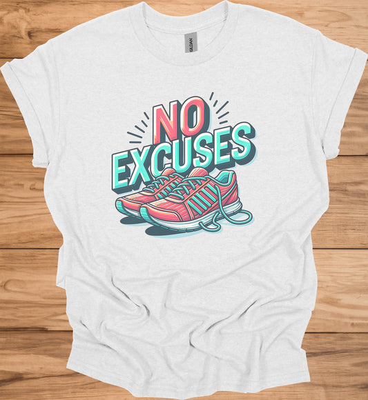 No Excuses Fitness Motivation: 3D Typography Artwork, Vibrant Sneaker Illustration, Modern Exercise Inspiration - Graphic Tee Shirt
