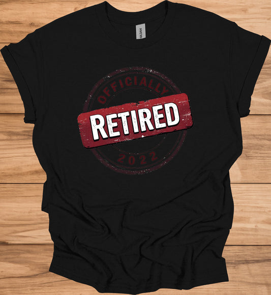 Officially Retired 2022: Vintage Retirement Stamp, Bold Red and Black Design, Distressed Circular Graphic - Graphic Tee Shirt
