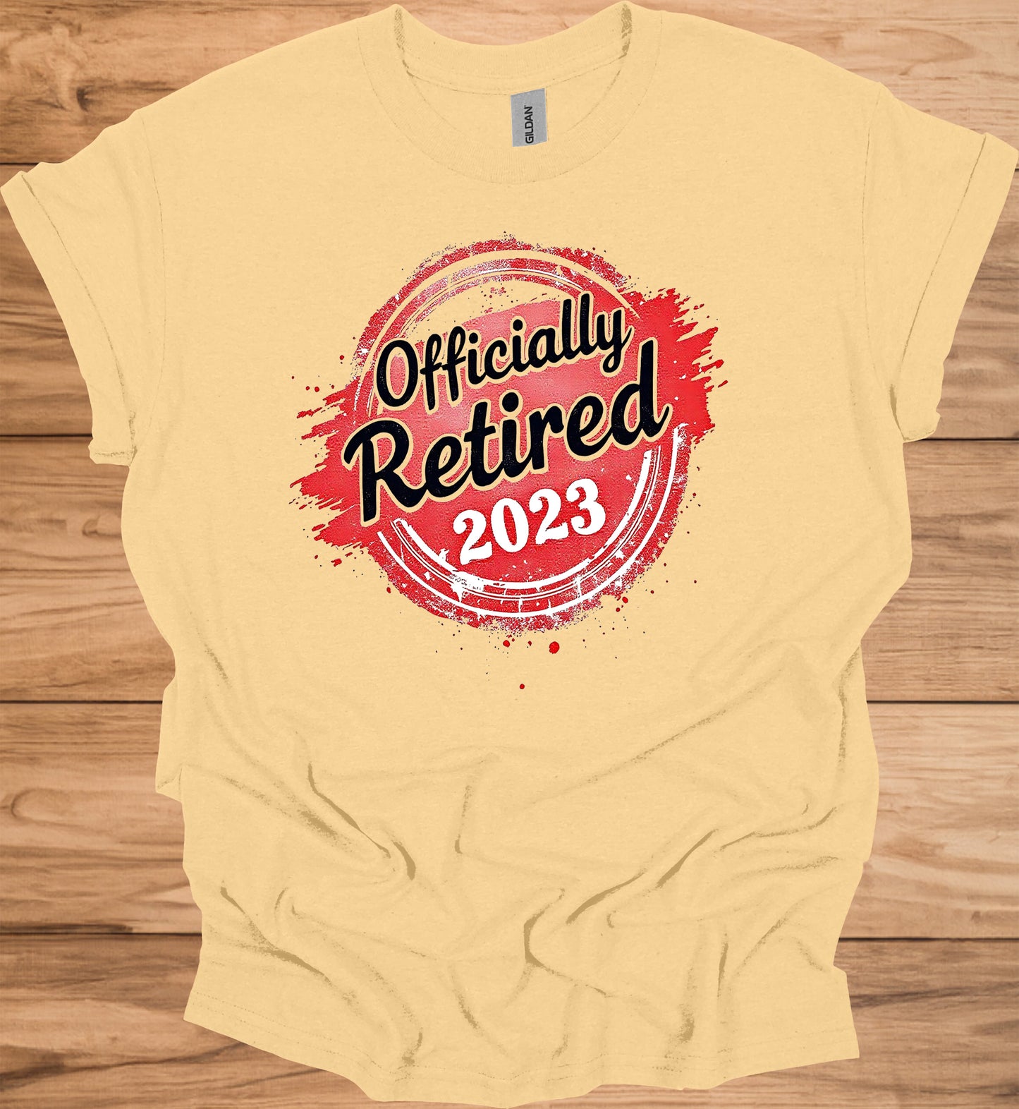Officially Retired 2023: Vibrant Red Circular Design, Bold Black Script Text, Distressed Retirement Artwork - Graphic Tee Shirt