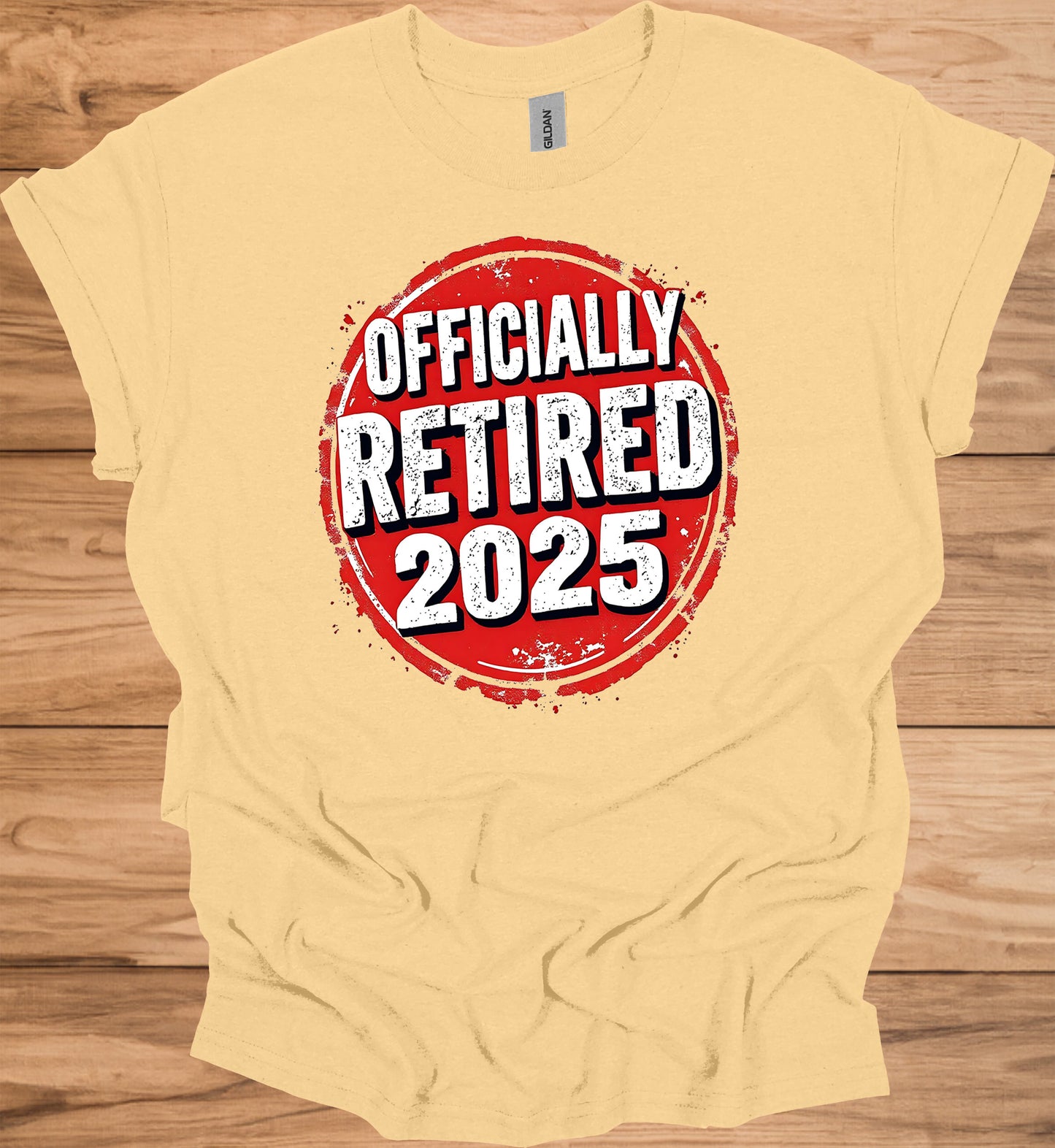 Officially Retired 2025: Red Circular Stamp Design, Distressed White Typography, Vintage Grunge Aesthetic - Graphic Tee Shirt