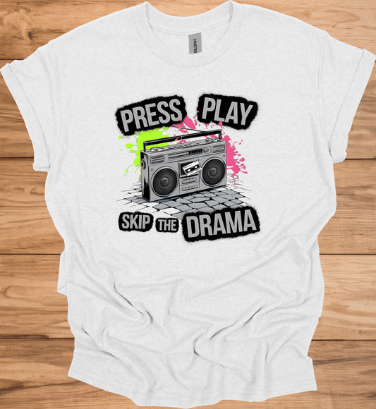 Press Play on Positivity: Retro Boombox Art, Grunge Street Style, 80s Music Nostalgia - Graphic Tee Shirt