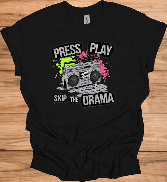 Press Play on Positivity: Retro Boombox Art, Grunge Street Style, 80s Music Nostalgia - Graphic Tee Shirt