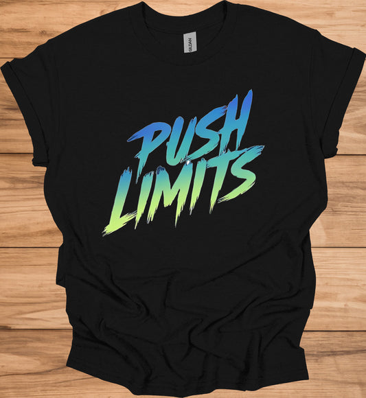 Push Limits: Vibrant Graffiti Logo, Gradient Ombre Design, Urban Motivational Branding - Graphic Tee Shirt