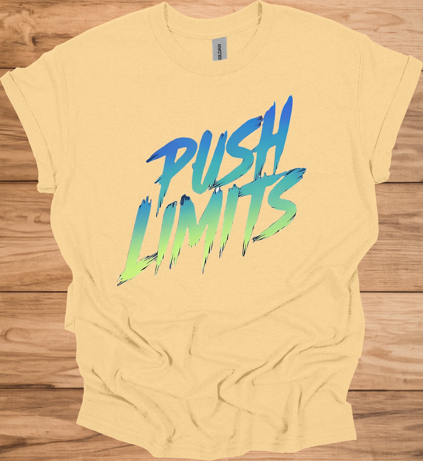 Push Limits: Vibrant Graffiti Logo, Gradient Ombre Design, Urban Motivational Branding - Graphic Tee Shirt