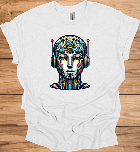 Cyber Sentinel: Futuristic Robot Face, Geometric Tribal Fusion, Digital Sci-Fi Illustration - Graphic Tee Shirt