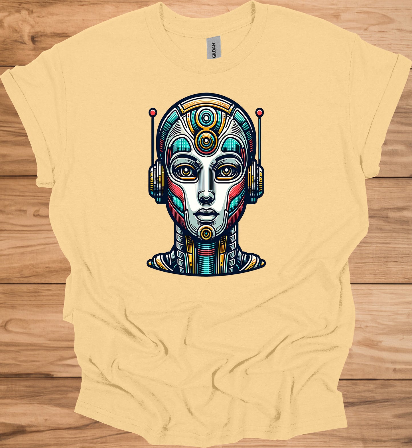 Cyber Sentinel: Futuristic Robot Face, Geometric Tribal Fusion, Digital Sci-Fi Illustration - Graphic Tee Shirt