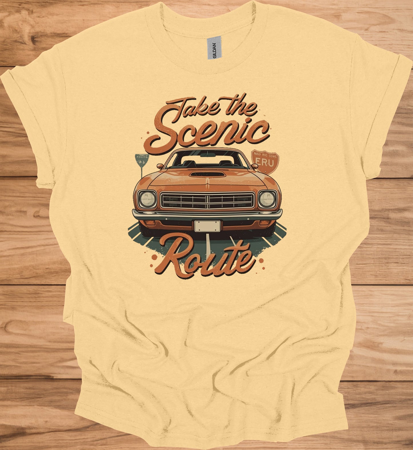 Take the Scenic Route: Vintage Muscle Car Art, 1970s Americana Design, Retro Road Trip Poster - Graphic Tee Shirt