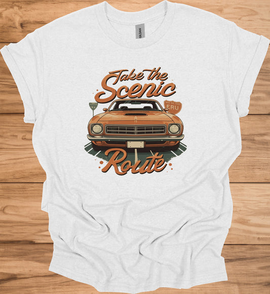 Take the Scenic Route: Vintage Muscle Car Art, 1970s Americana Design, Retro Road Trip Poster - Graphic Tee Shirt