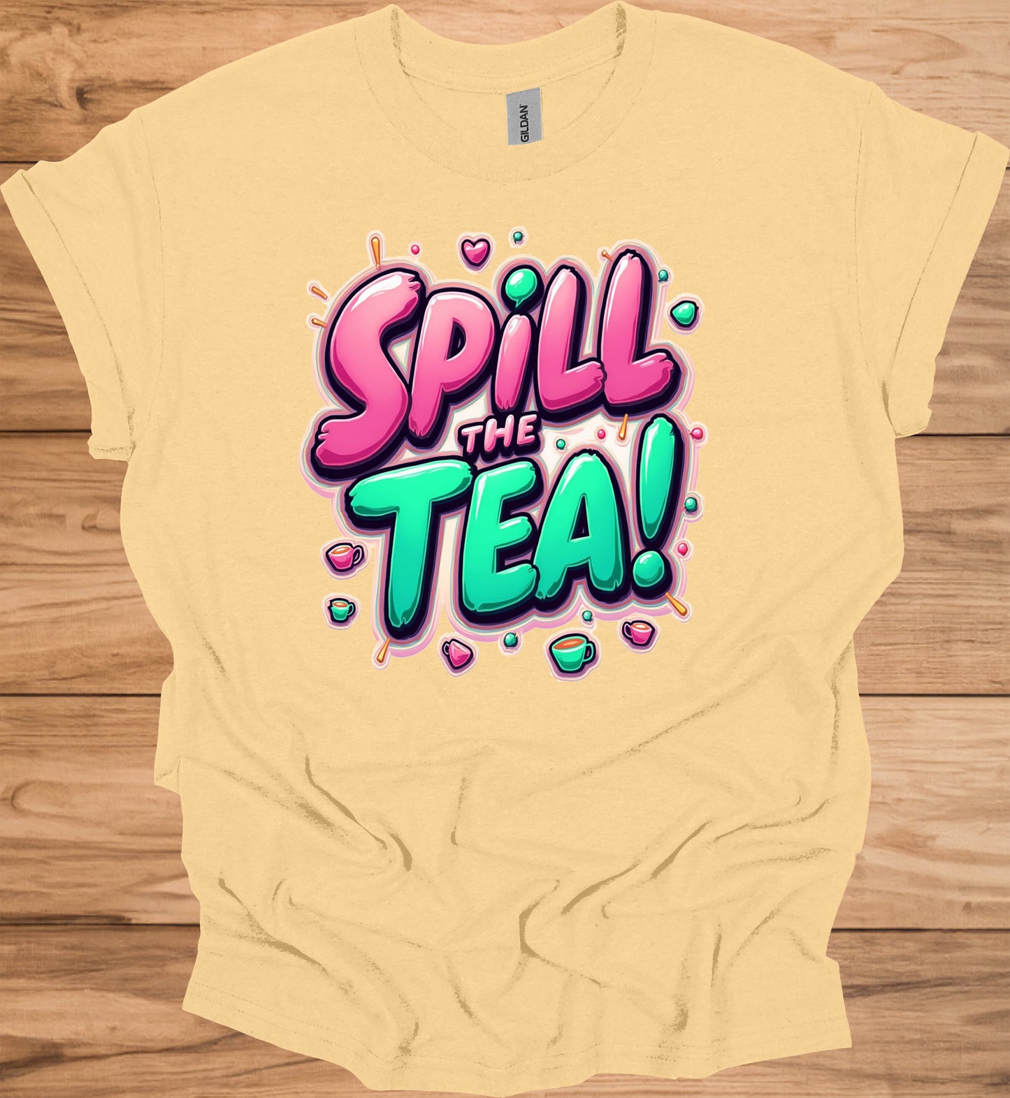 Spill the Tea!: Vibrant Graffiti Style Typography, Pink and Teal 3D Text Art, Modern Slang Phrase Graphic Design - Graphic Tee Shirt