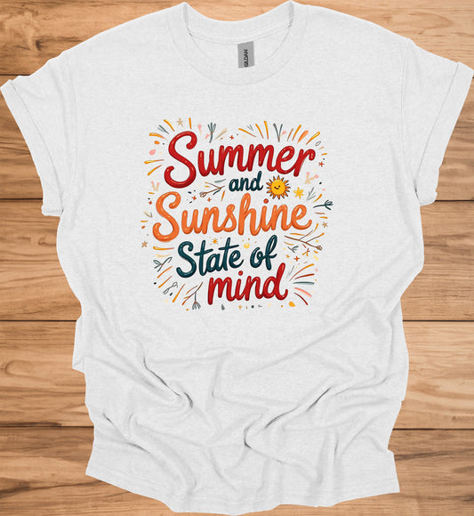 Summer Sunshine State of Mind: Vibrant Typography Art, Whimsical Hand-Drawn Illustrations, Colorful Summer-Themed Design - Graphic Tee Shirt