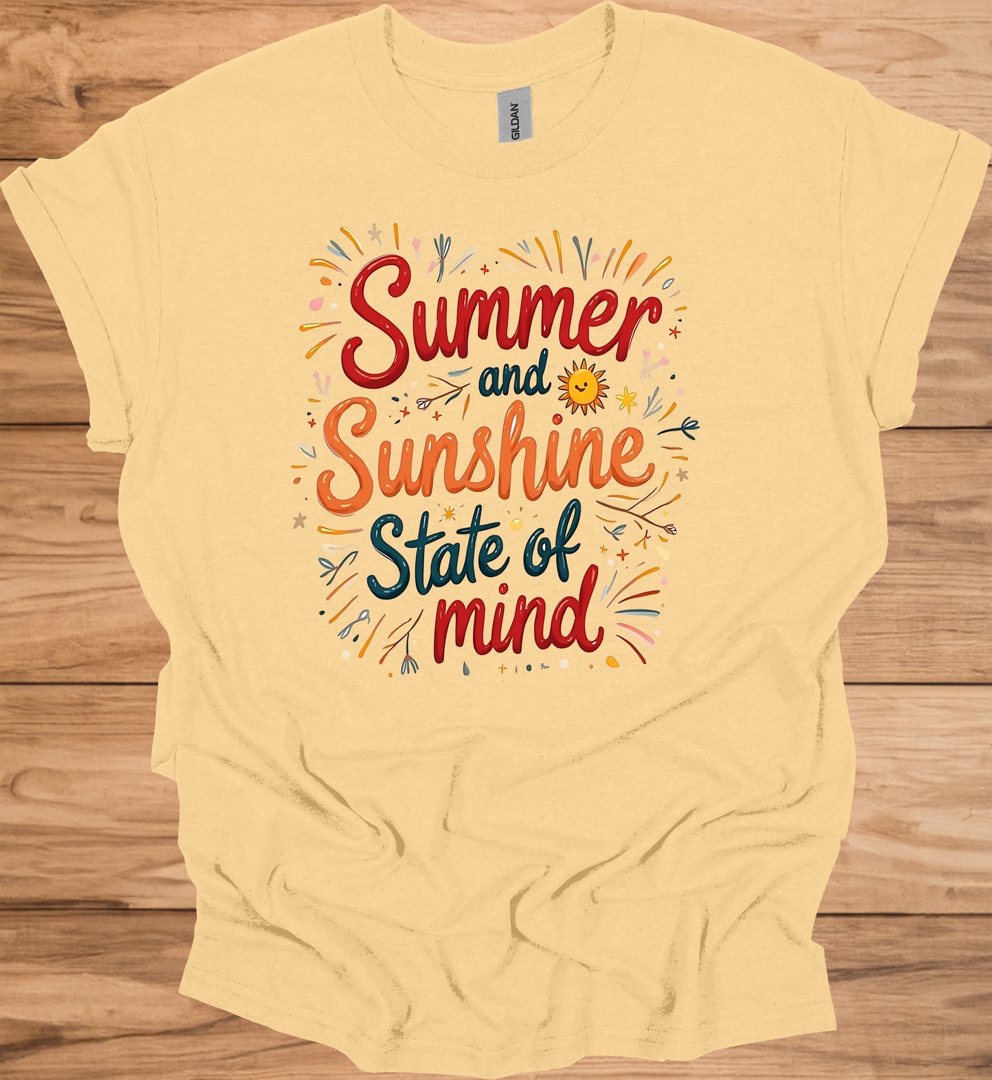 Summer Sunshine State of Mind: Vibrant Typography Art, Whimsical Hand-Drawn Illustrations, Colorful Summer-Themed Design - Graphic Tee Shirt