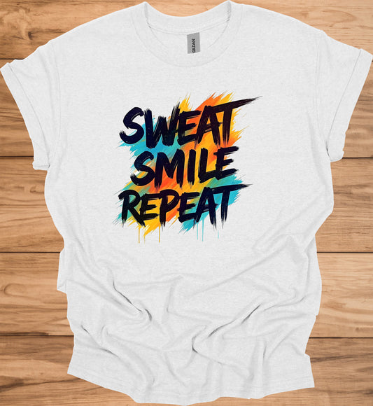Sweat Smile Repeat: Motivational Fitness Quote, Graffiti Style Typography, Vibrant Colorful Background - Graphic Tee Shirt