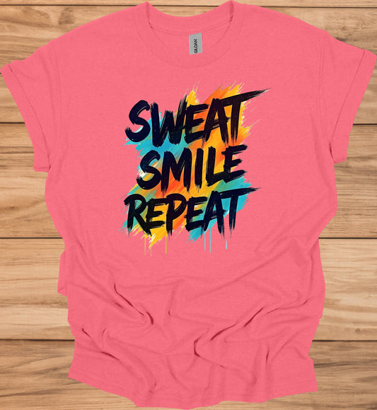 Sweat Smile Repeat: Motivational Fitness Quote, Graffiti Style Typography, Vibrant Colorful Background - Graphic Tee Shirt