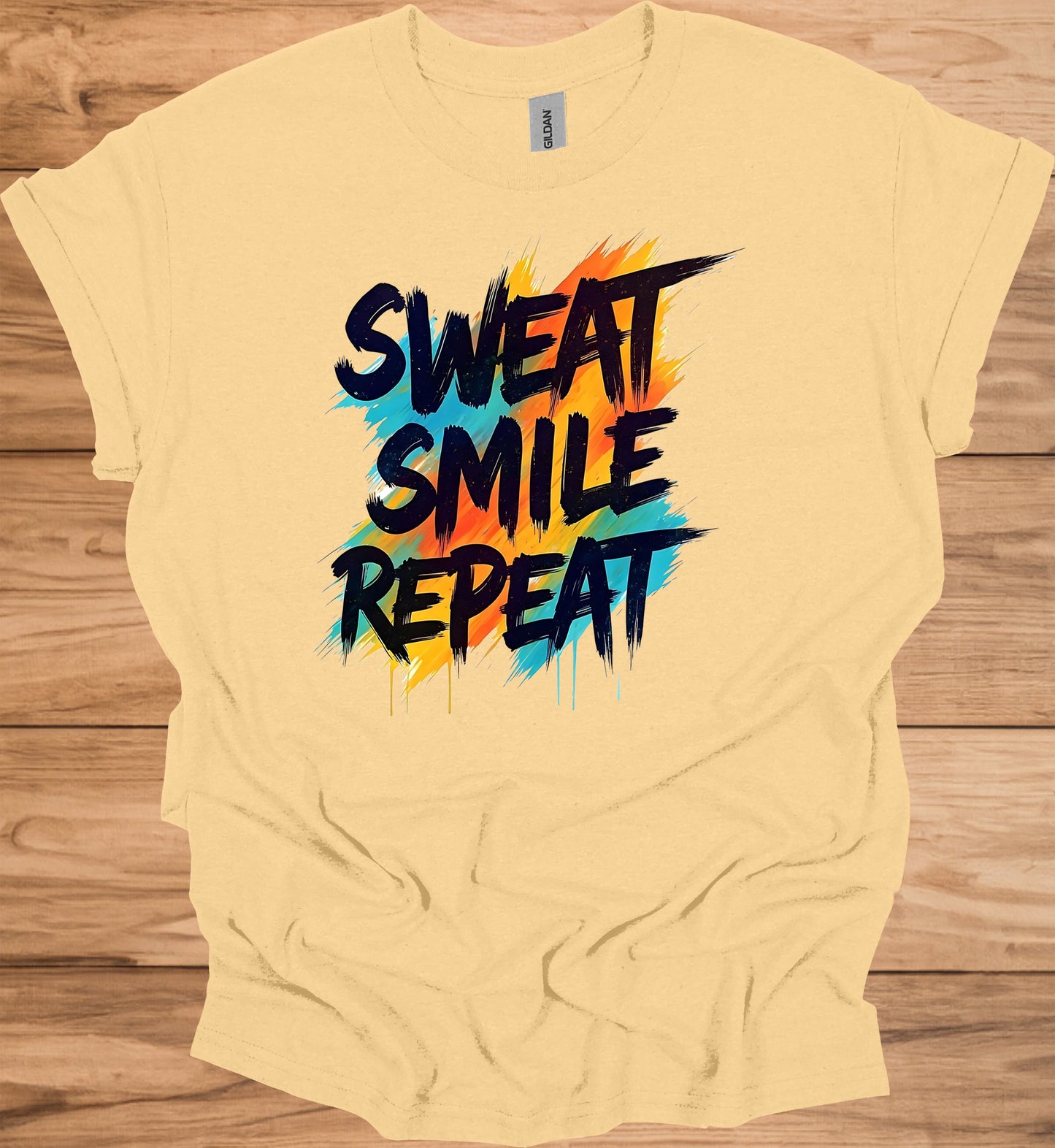 Sweat Smile Repeat: Motivational Fitness Quote, Graffiti Style Typography, Vibrant Colorful Background - Graphic Tee Shirt